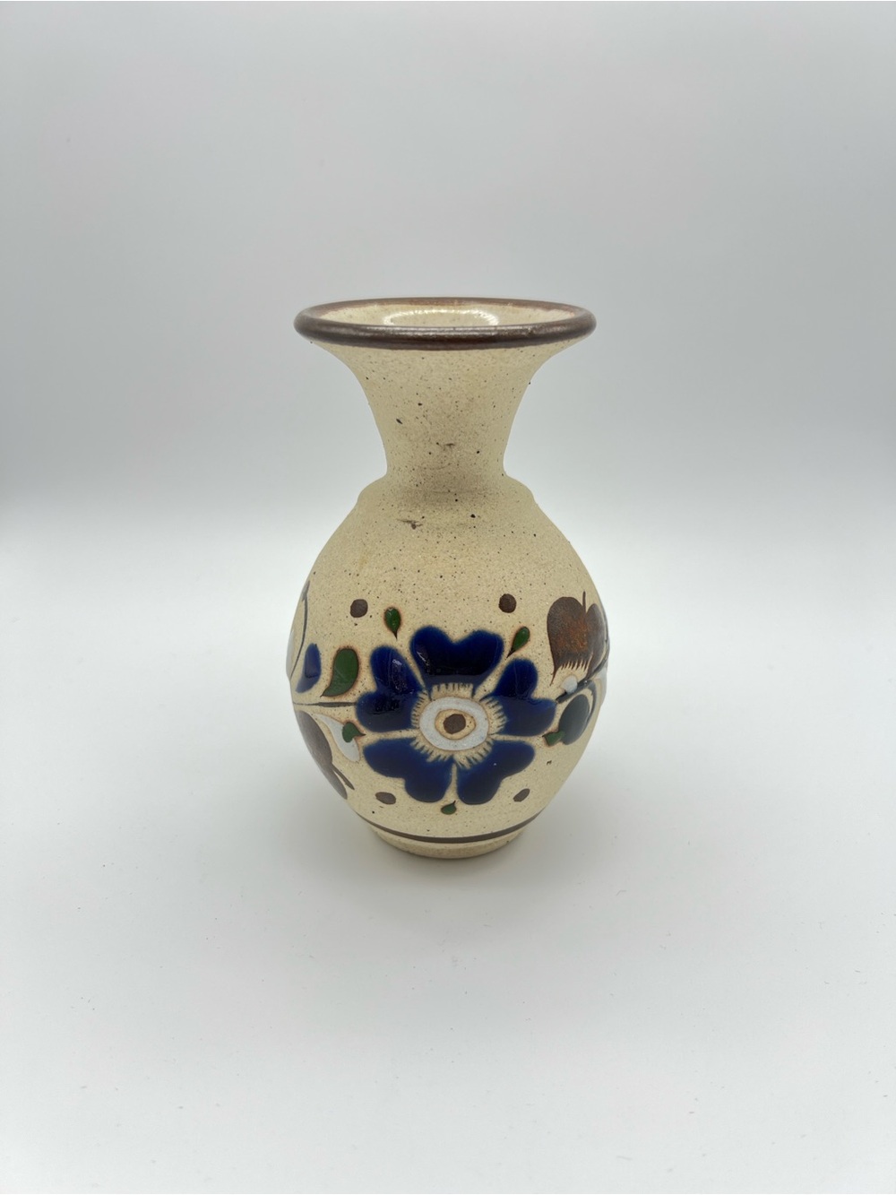 Handmade Cream Ceramic Vase with Blue Floral Design “Mexico C. D.”